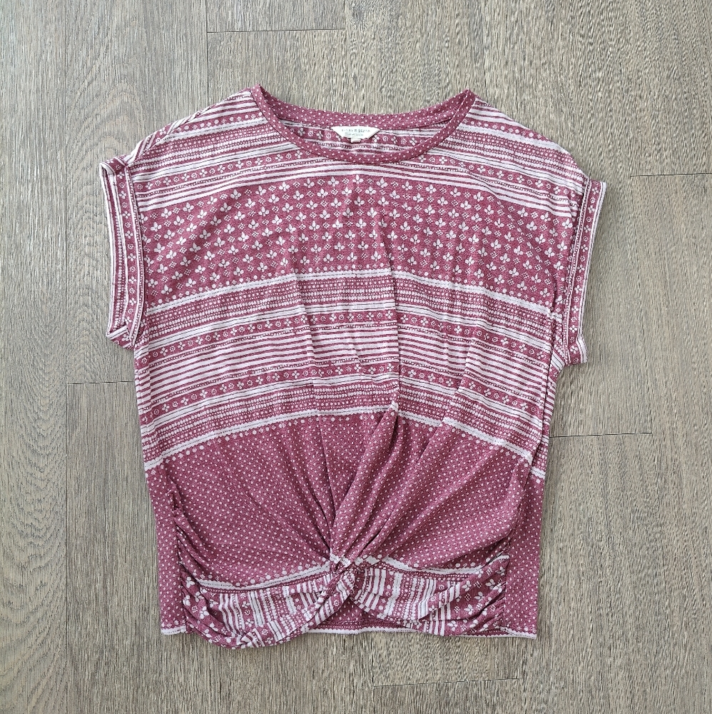 Lucky Brand Mauve Patterned Twist Front Cuffed Short Sleeve T-Shirt